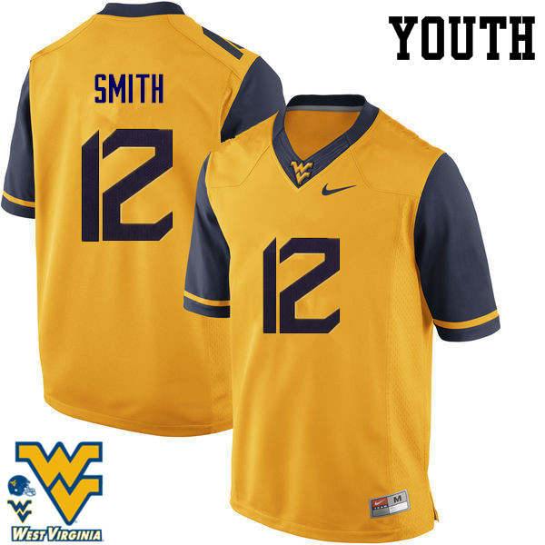 Youth #12 Geno Smith West Virginia Mountaineers College Football Jerseys-Gold - Click Image to Close